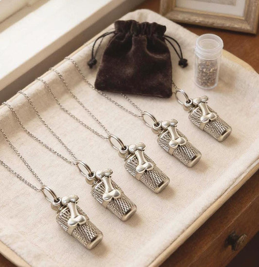 Set of FIVE Mini Pet Cremation Urns on Ball Chain Necklaces  with DOG BONES - Hand Assembled - Includes Velvet Pouch & Fill Kit