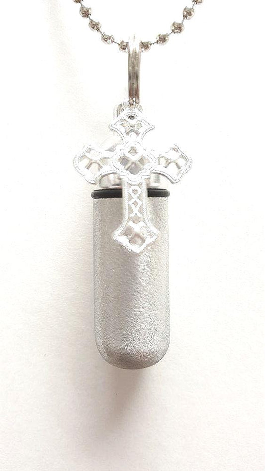 Brushed Silver Filigree Cross Anointing Oil Holder - Includes Velvet Pouch, 24" Necklace