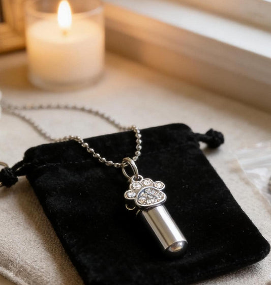 Rhinestone PAW Cremation Urn on 24" Necklace, w/Pouch & Fill Kit - Pet Loss, Pet Urn