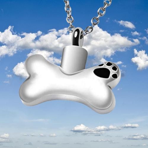 Stainless Steel Dog Bone with Engraved Paw CREMATION URN on 24" Curb Chain Necklace - Mourning Jewelry, Pet Loss, Memorial Keepsake, Dog Urn
