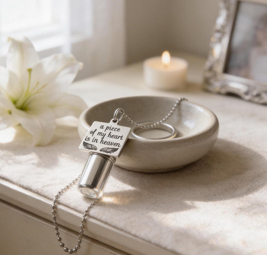 Engraved Cremation Urn Necklace  "A piece of my heart is in heaven" with Angel Wings - Mourning Keepsake, Pet Urn, Ashes Necklace, Child Urn