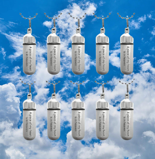 TEN Engraved  "A piece of my Heart is in Heaven" Brushed Silver CREMATION URN Necklaces