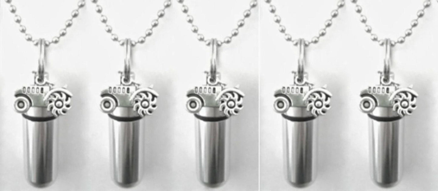 FIVE Cremation Urn Necklaces with Farm Tractor, Memorial Jewelry - Custom Engraving Available!