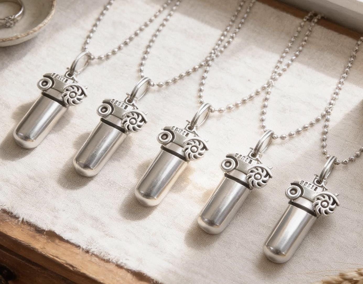 FIVE Cremation Urn Necklaces with Farm Tractor, Memorial Jewelry - Custom Engraving Available!