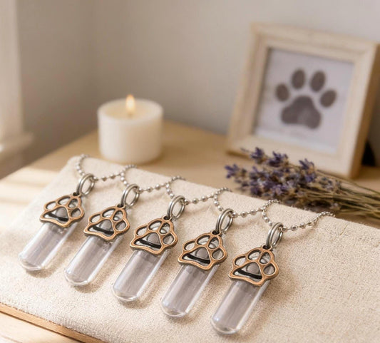 Set of FIVE CREMATION NECKLACES With 5 Gold Pet Paws - Pet Loss, Memorial Jewelry, Personalized Urn!