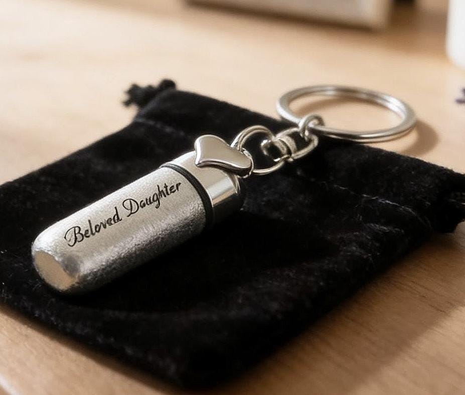 Cremation Urn Swivel Keychain, Engraved "Beloved Daughter" with Heart Charm