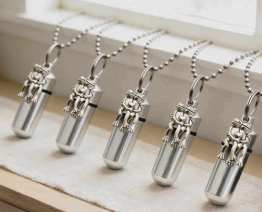 Five Happy Frog Cremation Urns on 24" Ball Chain Necklaces - Memorial Jewelry,  Custom Engraving Available!