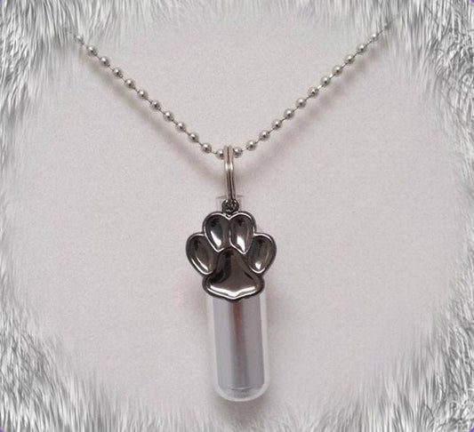 Hematite PAW Pet Cremation Urn on 24" Steel Necklace, with Velvet Pouch - Custom Engraving Available!