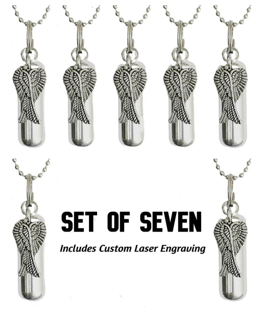 Set of Seven CREMATION URN NECKLACES with Angel Wings - Memorial Jewelry - Custom Engraving!