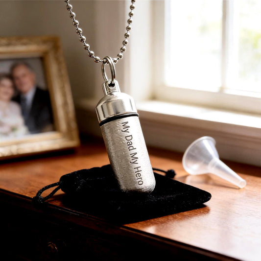 Engraved  "My Dad My Hero" Brushed Silver CREMATION URN Necklace with Velvet Pouch & Fill Kit