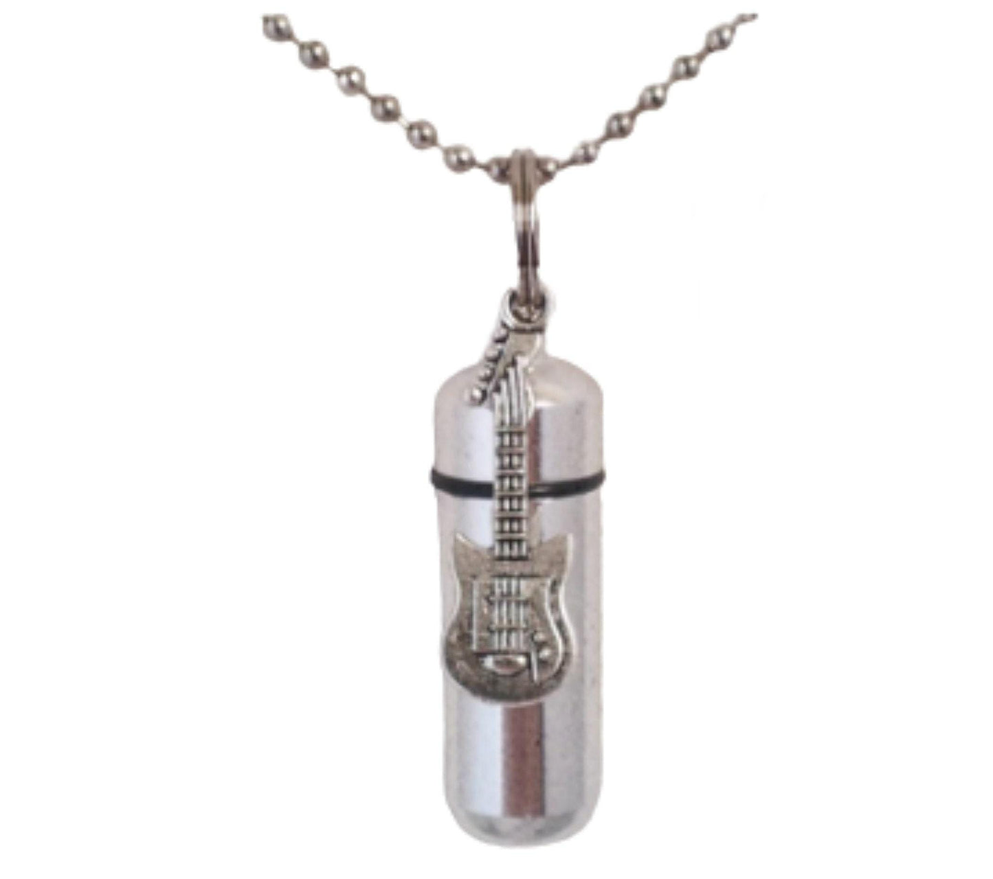 FIVE CREMATION URN Necklaces with Silver Electric Guitar - Memorial Jewelry.  Custom Engraving Available!!