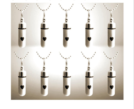Set of TEN Brushed Silver CREMATION URN Necklaces w/Simple Engraved Hearts - Memorial Jewelry, Loss of Loved One, Optional Engraving.