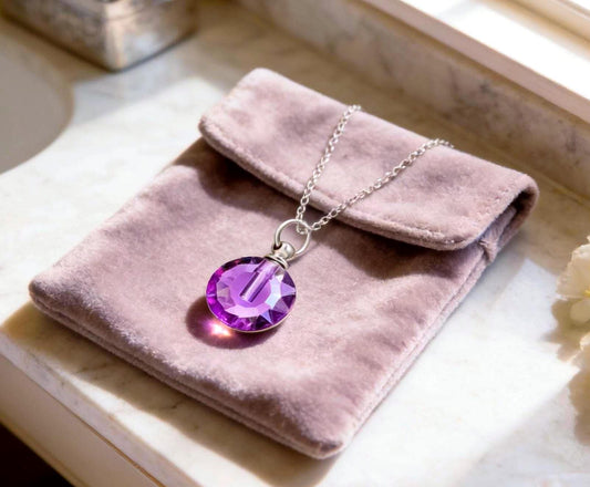 Faceted Round Violet Crystal CREMATION URN on 24" Necklace with Velvet Pouch & Fill Kit - Beautiful Memorial Keepsake