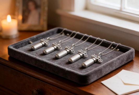 FIVE Brushed Silver CUSTOM ENGRAVED Motorcycle Cremation Necklaces - Memorial Jewelry,  Engraving Included!