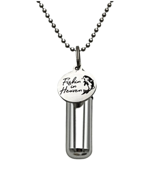 Engraved:  Fishin' In Heaven Urn Necklace, Memorial Keepsake Jewelry