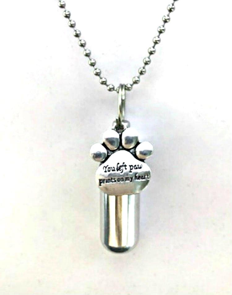 PET CREMATION URN Necklace "You left paw prints on my heart" w/Velvet Pouch, 24" Ball Chain & Fill Kit - Cat Urn, Dog Urn