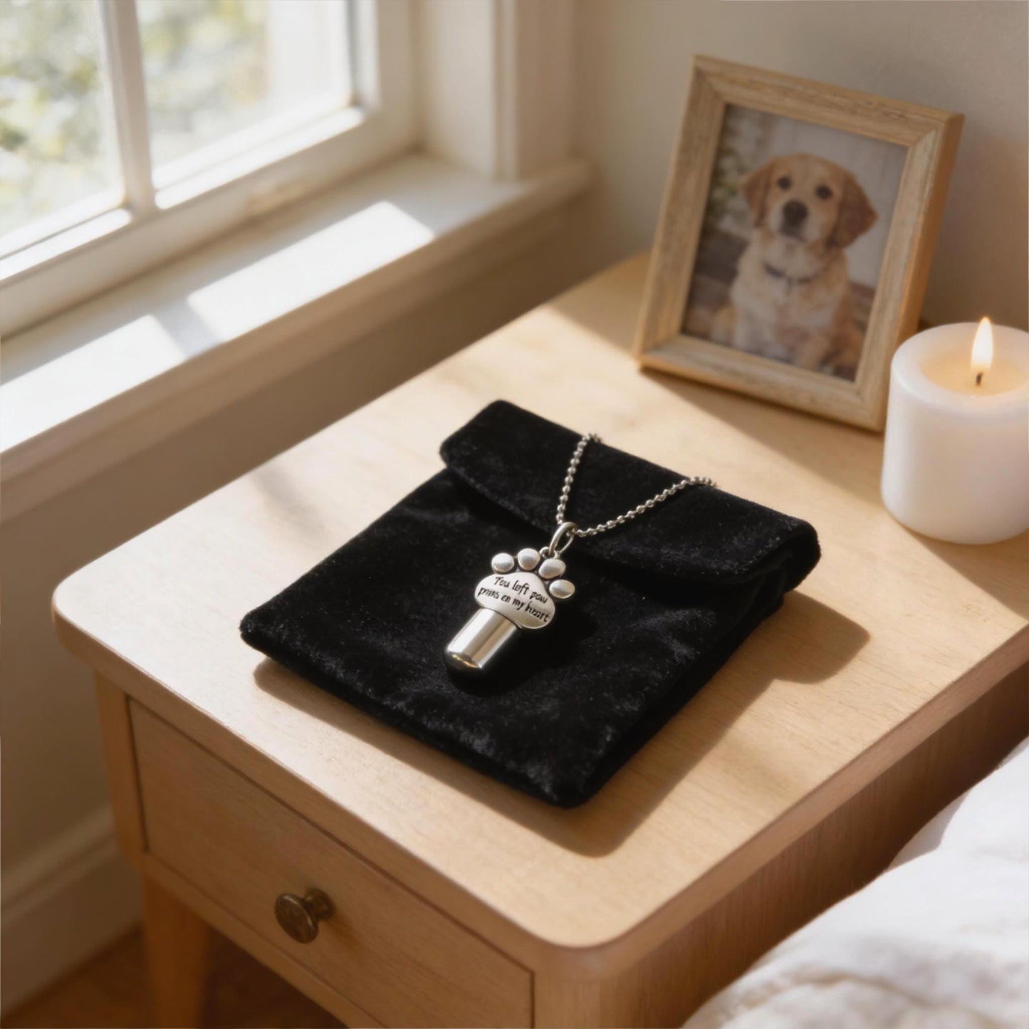 PET CREMATION URN Necklace "You left paw prints on my heart" w/Velvet Pouch, 24" Ball Chain & Fill Kit - Cat Urn, Dog Urn
