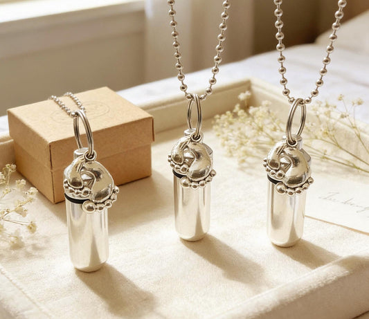 THREE CREMATION URN Necklaces with Silver Baby Feet - Keepsake Urn, Baby Loss, Child Loss, Infant Urn