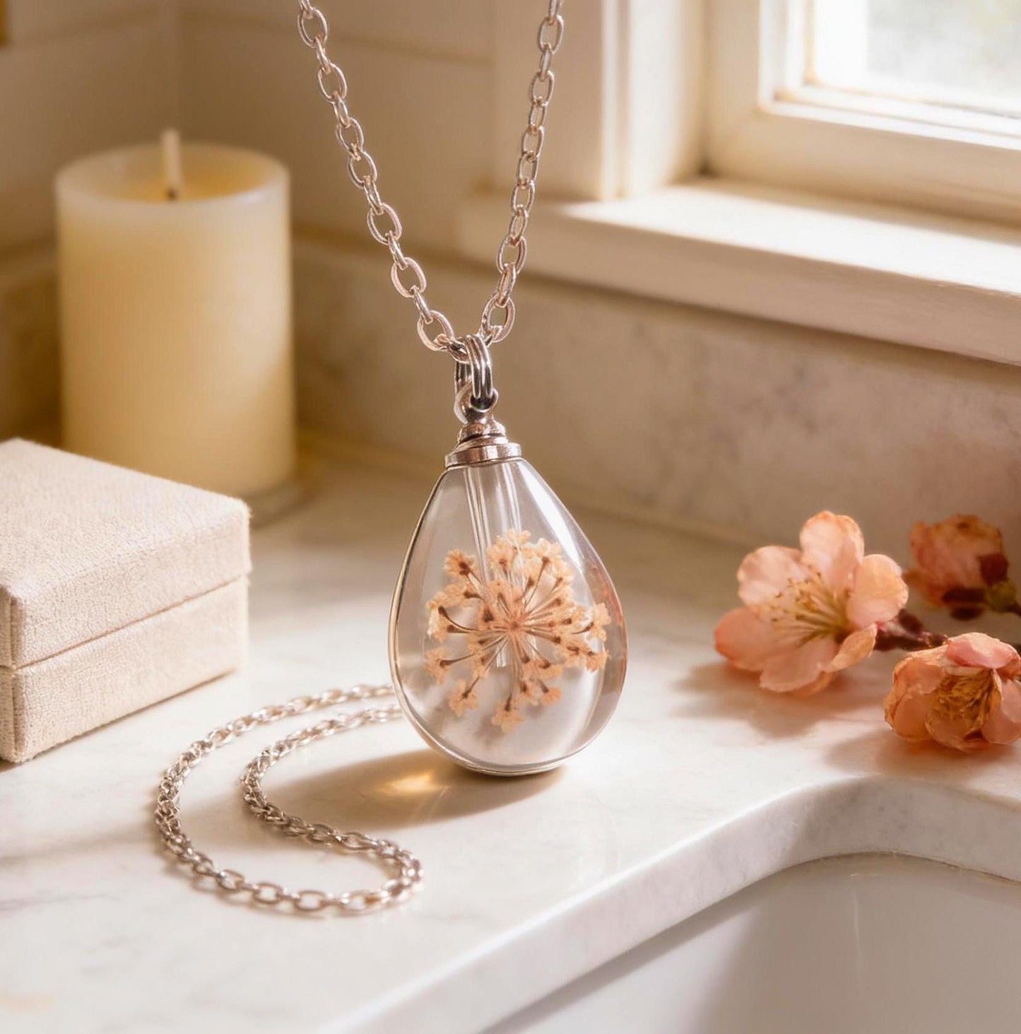 Teardrop Crystal Cremation Urn Necklace – Dried Peach Color Flowers - Each is Unique!