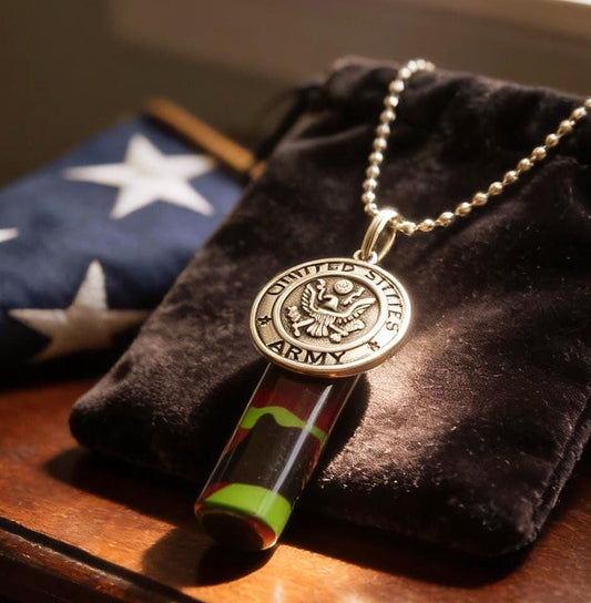 Army Medallion/CAMO Military CREMATION URN Necklace -  with Velvet Pouch and Fill Kit
