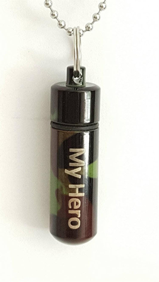 Laser ENGRAVED "My Hero" Camouflage/Camo CREMATION URN Necklace on 24" Steel Ball Chain - w/Velvet Pouch & Fill Kit.  Loss of Loved One