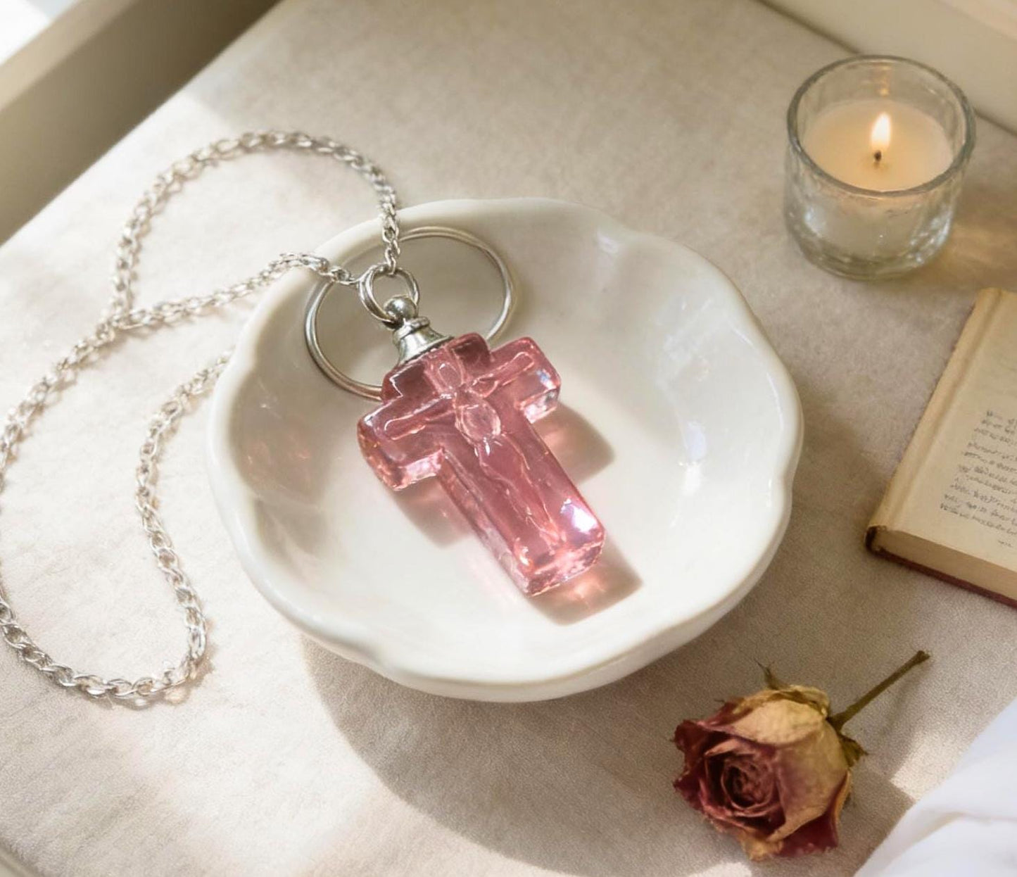 Rose/Pink  Crystal Mourning Cross CREMATION URN on 24" Curb Chain Memorial Necklace