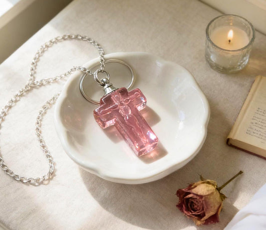 Rose/Pink  Crystal Mourning Cross CREMATION URN on 24" Curb Chain Memorial Necklace