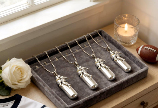 FOUR Football Player CREMATION URNS on 24" Steel Ball-Chain Necklaces - Memorial Keepsakes