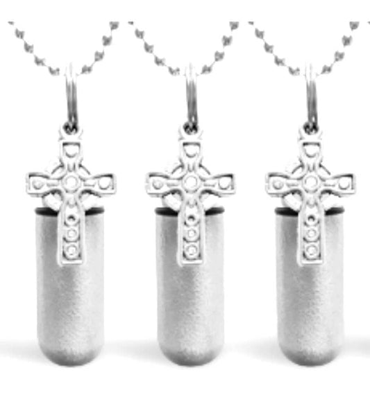 THREE Brushed Silver Anointing Oil Holders with Celtic Crosses - Plus 3 Velvet Pouches, 3  Ball Chain Necklace