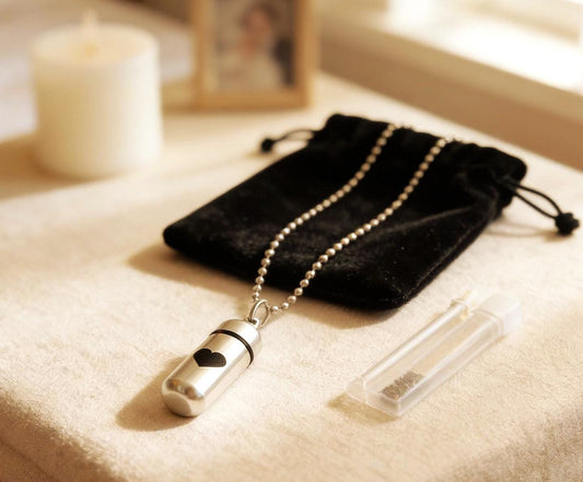 Laser Engraved Simple Heart Cremation Urn Necklace, with Velvet Pouch & Fill Kit, Personal Urn