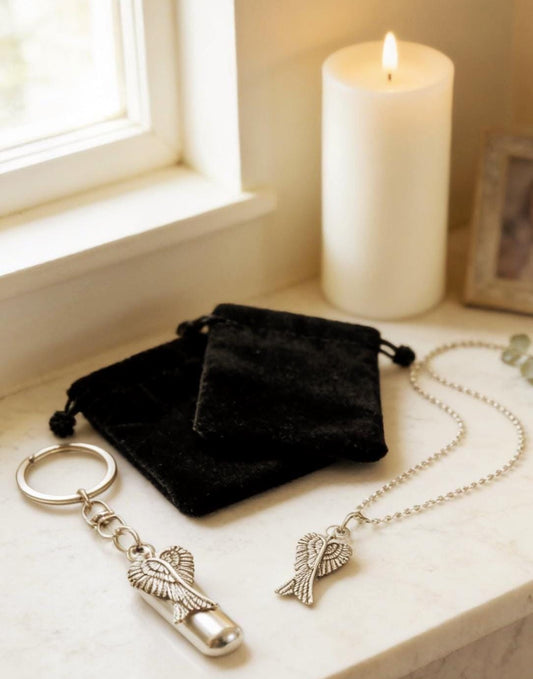 Angel Wings  2pc. Special Set, Cremation Urn Necklace & Keychain Urn with Velvet Pouches