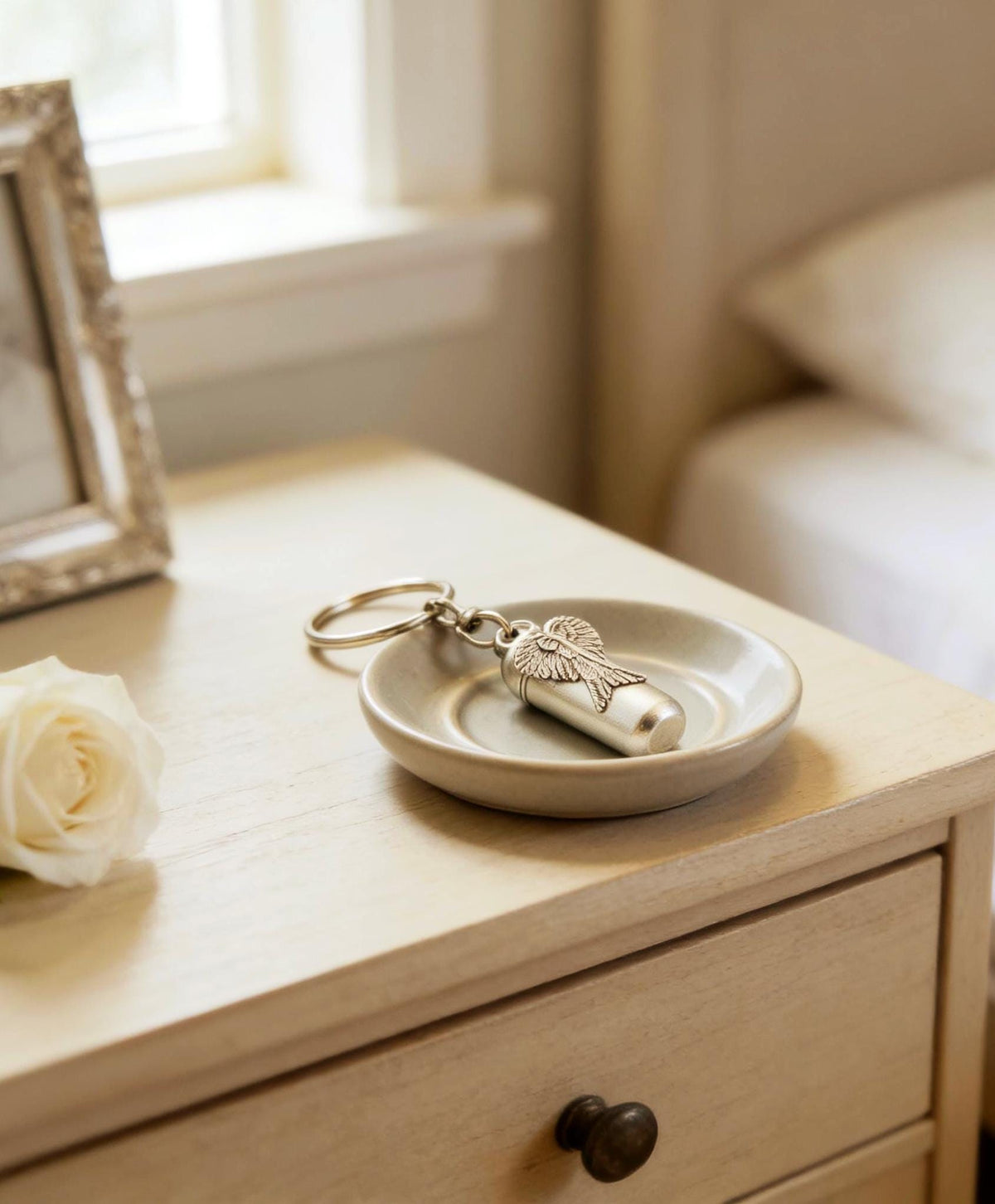 Brushed Silver Cremation Urn on Stainless Steel Swivel Keyring - Memorial Keepsake, Custom Engraving Available!