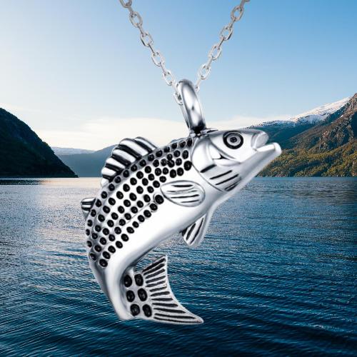 Stainless Steel Fish Cremation Urn on 24" Silver Curb Chain Necklace Includes, Velvet Pouch & Fill Kit