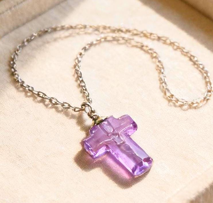 Violet Crystal Cremation Necklace - Mourning Cross with Ashes Urn