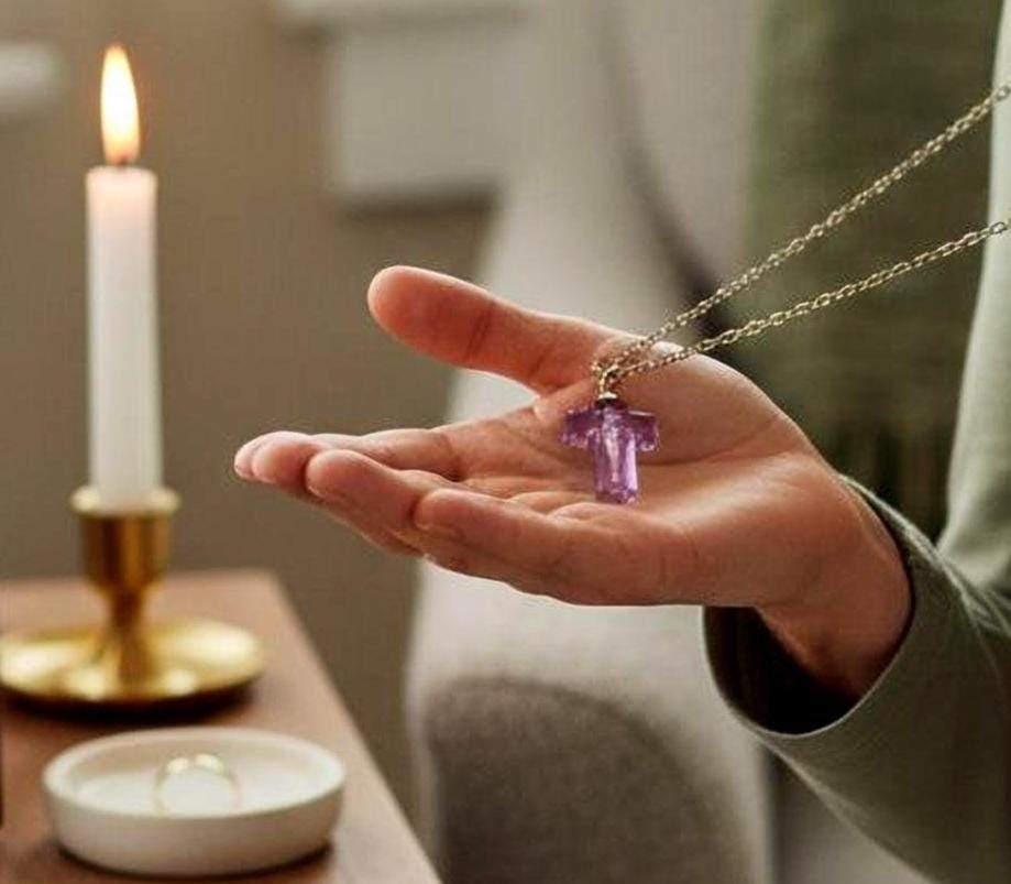 Violet Crystal Cremation Necklace - Mourning Cross with Ashes Urn
