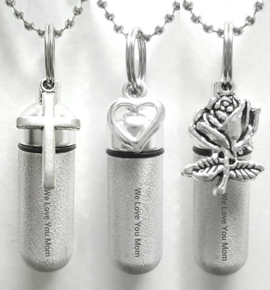 THREE Engraved Cremation Urns "We Love You Mom"  Silver with Rose, Open Heart & Simple Cross - Memorial Keepsakes