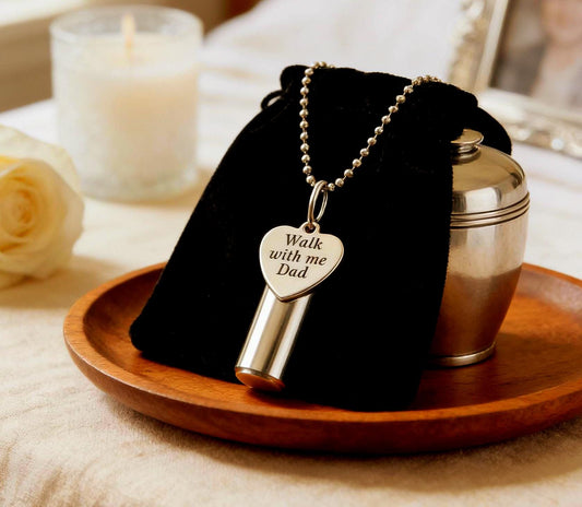 CREMATIO NECKLACE Engraved Heart with "Walk with me Dad"   + Velvet Pouch, 24" Chain, Fill Kit