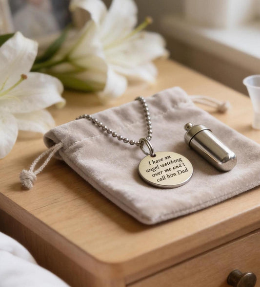 CREMATION URN NECKLACE  "I have an angel watching over me and I call him Dad" + Velvet Pouch, 24" Ball Chain & Fill Kit