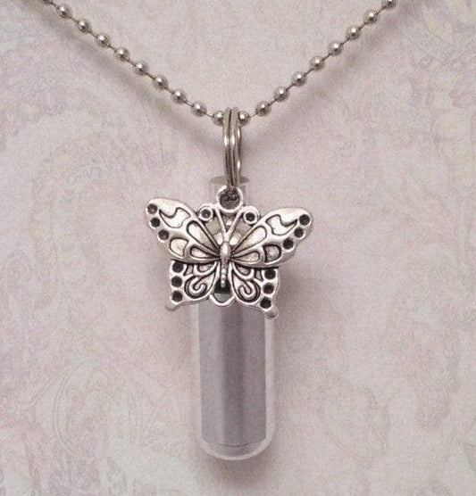 CREMATION URN on 24" Necklace with BUTTERFLY & Engraved Heart,  Memorial Jewelry,  Loss of Loved One