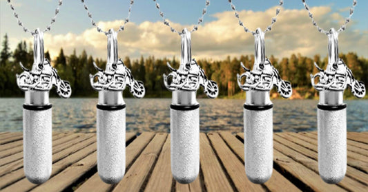 Set of FIVE Brushed Silver Motorcycle ANOINTING OIL Vial/Canisters with 5 Velvet Pouches, 5 Steel Ball-Chain Necklaces & 5 Pipettes
