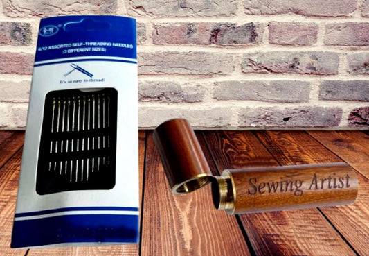 Mahogany Sewing Needle Holder Includes 12 Needles & Velvet Pouch  -  Laser Engraved with  "Sewing Artist"  Thoughtful Gift!!