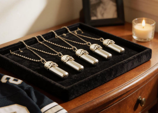 Five Football Helmet CREMATION URNS on 24" Steel Ball-Chain Necklaces - Memorial Jewelry