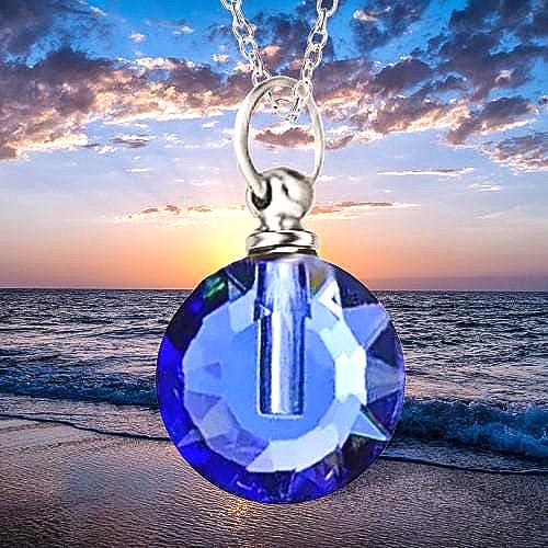 Blue Crystal Cremation Urn Necklace - Keepsake with Velvet Pouch