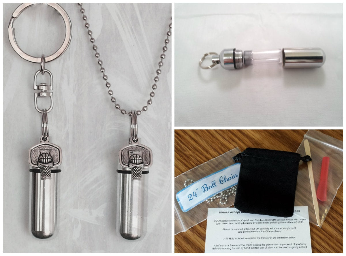 Basketball  2pc. Special Set - Cremation Urn Necklace & Keychain Urn with Velvet Pouches and Fill Kit - Urn for Men, Loss of Loved One.