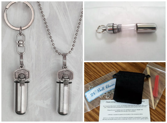 Basketball  2pc. Special Set - Cremation Urn Necklace & Keychain Urn with Velvet Pouches and Fill Kit - Urn for Men, Loss of Loved One.