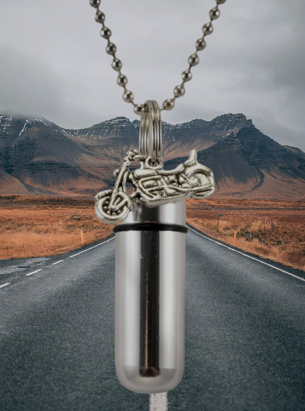 Polished Silver Motorcycle CREMATION URN Necklace on 24" Ball Chain - Includes Velvet Pouch and Fill Kit