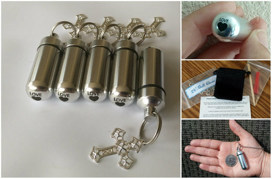 Set of FIVE Brushed Silver Lace Cross CREMATION URN Necklaces w/Laser Engraved Hearts, Urn For Human Ashes, Memorial Jewelry, Ashes Necklace