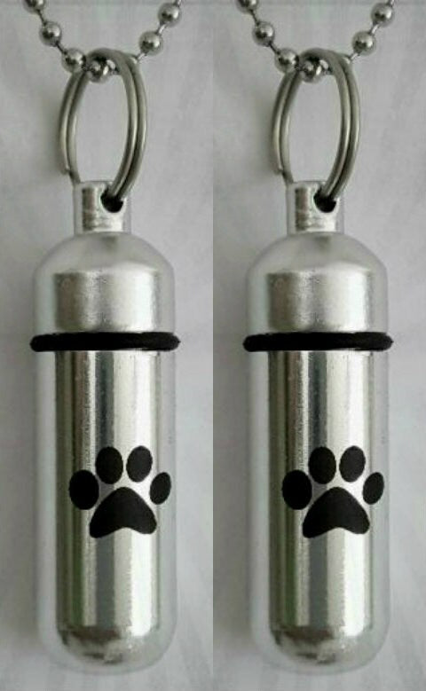 TWO Laser Engraved Large Simple Paw CREMATION URN Necklaces with Velvet Pouches, Ball-Chains and Fill Kit