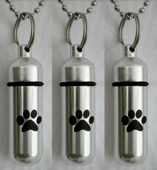 THREE Laser Engraved Large Simple Paw CREMATION URN Necklaces with Velvet Pouches, Ball-Chains and Fill Kit