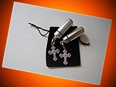 TWO Silver Cremation Urns  with Filigree Cross  - Keychain/Pendant - Includes Fill Kit and Velvet Pouches